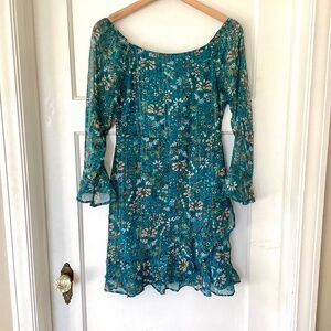 Rare Editions Girls teal sheer sparkle floral Dress size 14 scoop neck ruffles